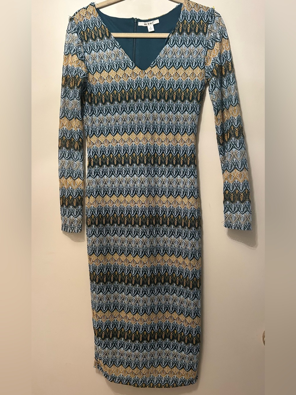 Miami Crochet Lace Zigzag Midi Dress Teal & Gold Boho Y2K Chevron Sz S